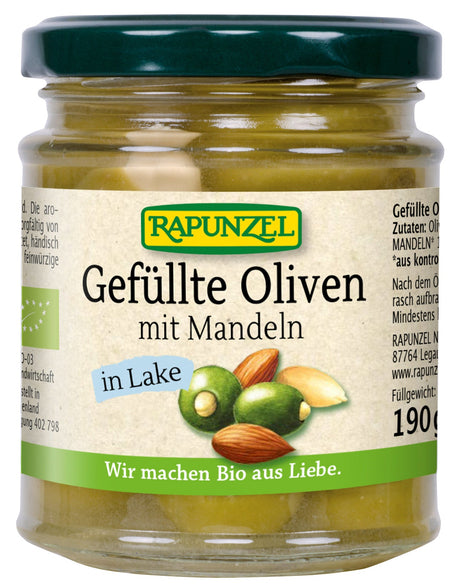 Bio Oliven grün, gefüllt mit Mandeln in Lake, 190 g