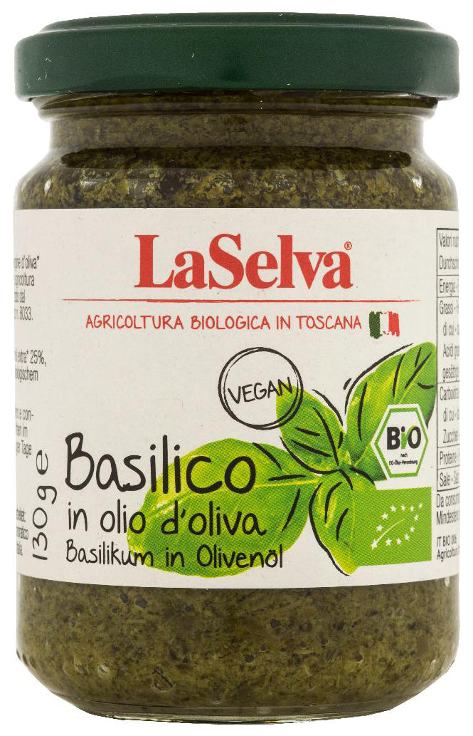 Bio Basilico in olio d'oliva, Basilikum in Olivenöl, 130 g - All-Bio Naturkost