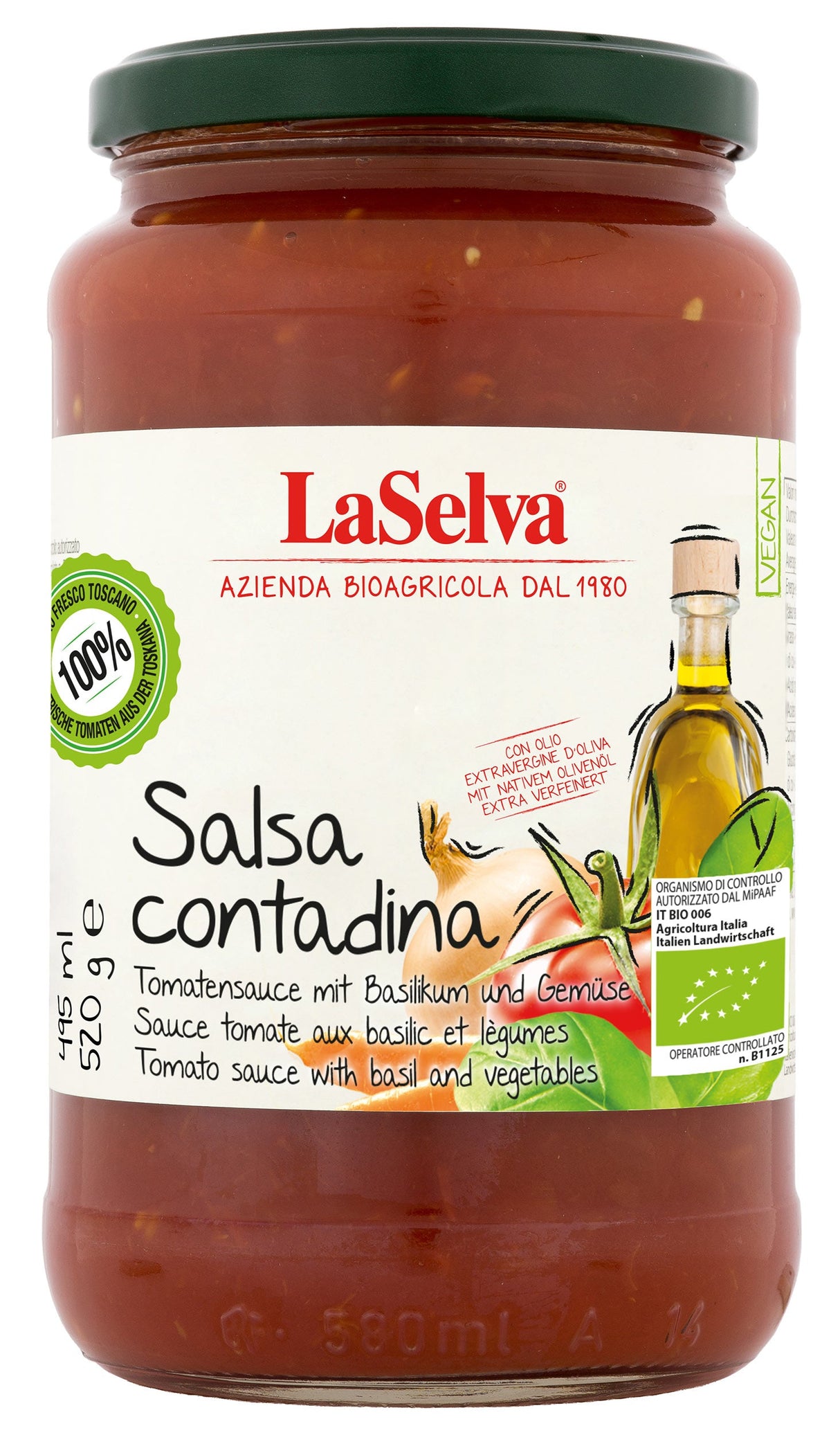 Bio Salsa Contadina - Tomatensauce mit Basilikum & Olivenöl, 520 g - All-Bio Naturkost