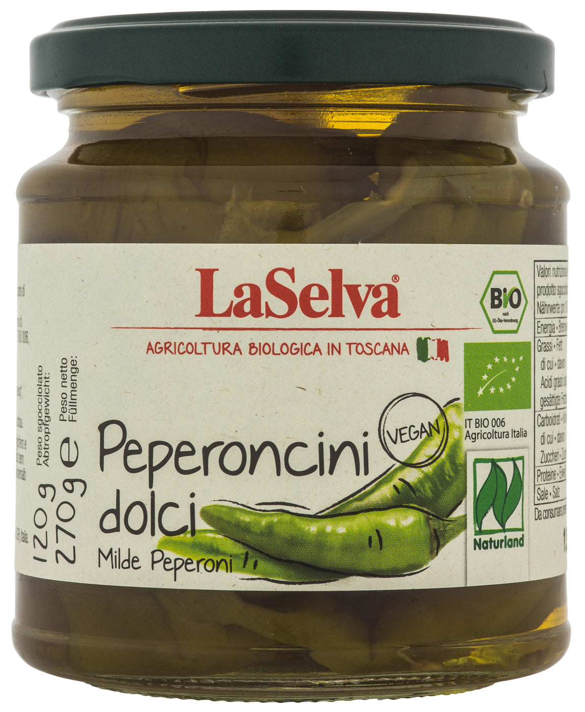 Bio Peperoncini dolci, milde Peperoni, 270 g - All-Bio Naturkost