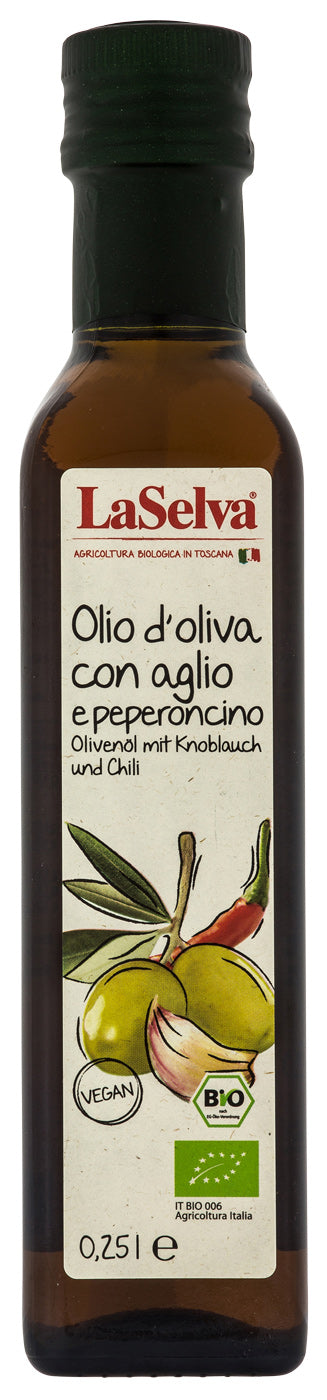 Bio Olio d´ oliva con aglio e peperoncino, Olivenöl mit Knoblauch und Chili, 250 ml - YOGISHOP